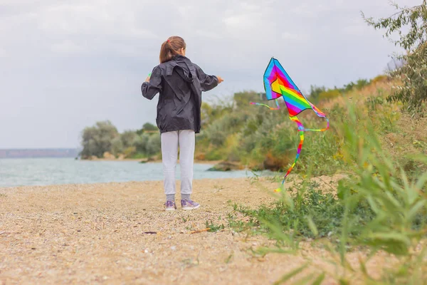 十代の女の子は池の岸に明るいカラフルな凧で遊んで バックビュー — ストック写真