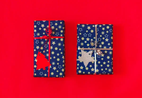 Close Two Gift Boxes Blue Paper Silver Red Decoration Packaging — Stock Photo, Image