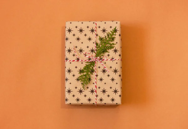 Gift Box Craft Beige Paper Decorated Sprig Coniferous Thuja Ocher — Stock Photo, Image