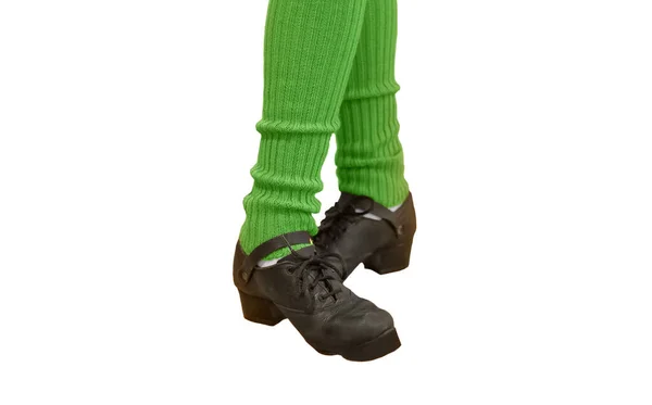 Isolated Irish Dancer Hard Shoes Green Leggings White Background Legs — Stock Photo, Image