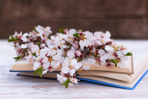 Masanın üzerinde güzel bahar çiçekli badem dalları olan açık bir kitap.