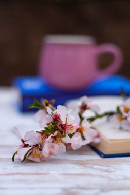 Masadaki fincanın arka planına karşı Badem çiçekli güzel bir dal.