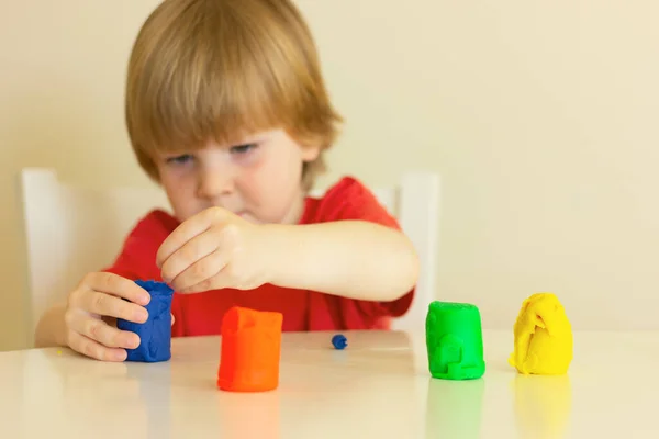 Cute Cheerful Boy Child Sculpts Plasticine Childhood Developing Activities Children — Stock Photo, Image