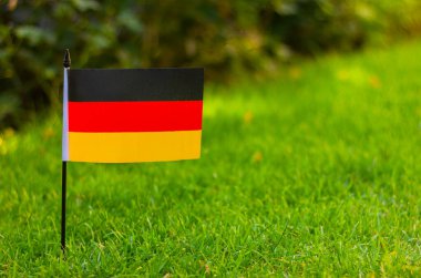 close up flag of Germany on green grass with copy space. national symbol of the country