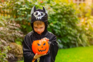 Yarasa iskeleti kostümlü şirin çocuk Cadılar Bayramı tatlıları için balkabağı kabağı tutuyor.