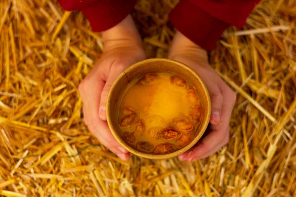 close up female hands holding paper cup of hot pumpkin soup with seeds on hay stack table, top view. traditional country food at a farmer\'s festival.