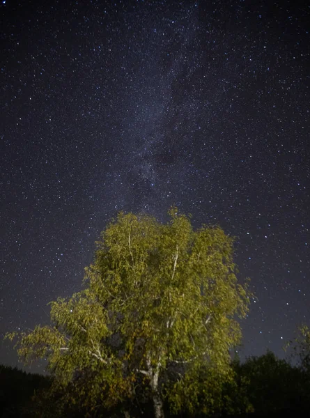 Vía Láctea Noche Oscura Filmada Pueblo Ruso — Foto de Stock