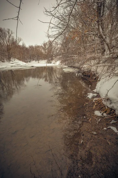 Zimowy Krajobraz Rzeki Rosyjskiej Wsi — Zdjęcie stockowe