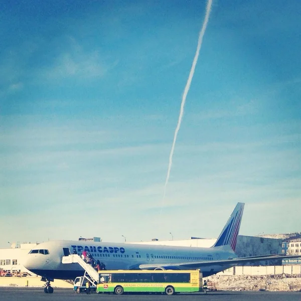 Transaero plane at the airport in Magadan Sokol