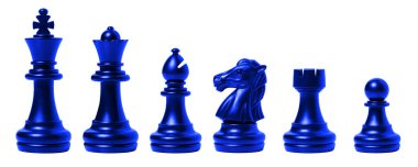 Yalnız mavi satranç takımı kralı, vezir, fil, at atı, kale, beyaz arka planda piyon. işletme, rekabet, strateji, karar kavramı