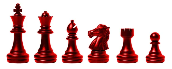 isolated red chess set chess piece king, queen, bishop, knight horse, rook, pawn on white background. business, competition, strategy, decision concept