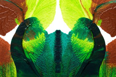 yeşil sarı ve kahverengi soyut akrilik boya renk dokusu beyaz kağıt arkaplan üzerinde rorschach mürekkep lekesi yöntemi kullanılarak