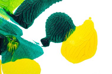 yeşil sarı ve kahverengi soyut akrilik boya renk dokusu beyaz kağıt arkaplan üzerinde rorschach mürekkep lekesi yöntemi kullanılarak