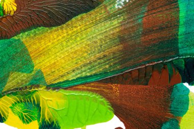 yeşil sarı ve kahverengi soyut akrilik boya renk dokusu beyaz kağıt arkaplan üzerinde rorschach mürekkep lekesi yöntemi kullanılarak