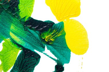 yeşil sarı ve kahverengi soyut akrilik boya renk dokusu beyaz kağıt arkaplan üzerinde rorschach mürekkep lekesi yöntemi kullanılarak