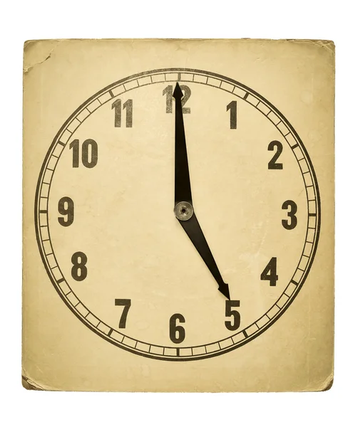 Textured old paper clock face showing 5 o'clock — Stock Photo, Image