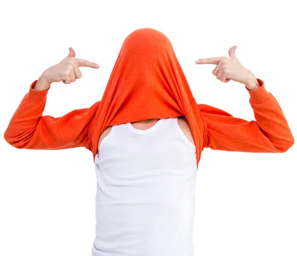 Смішний портрет людини в яскравому светрі на голові — стокове фото