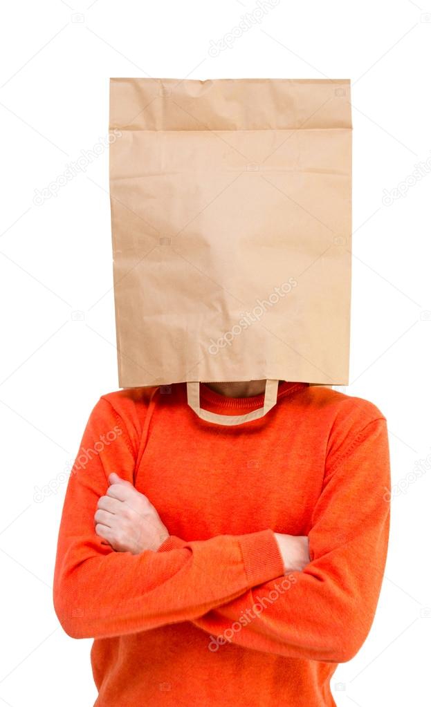 Man in paper bag on head