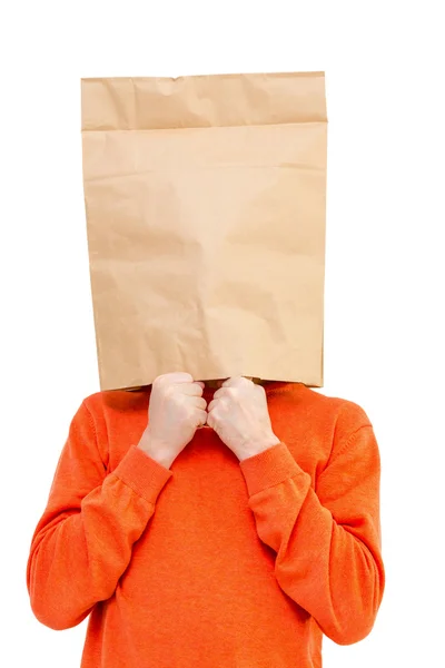 Человек в бумажном мешке на голове — стоковое фото