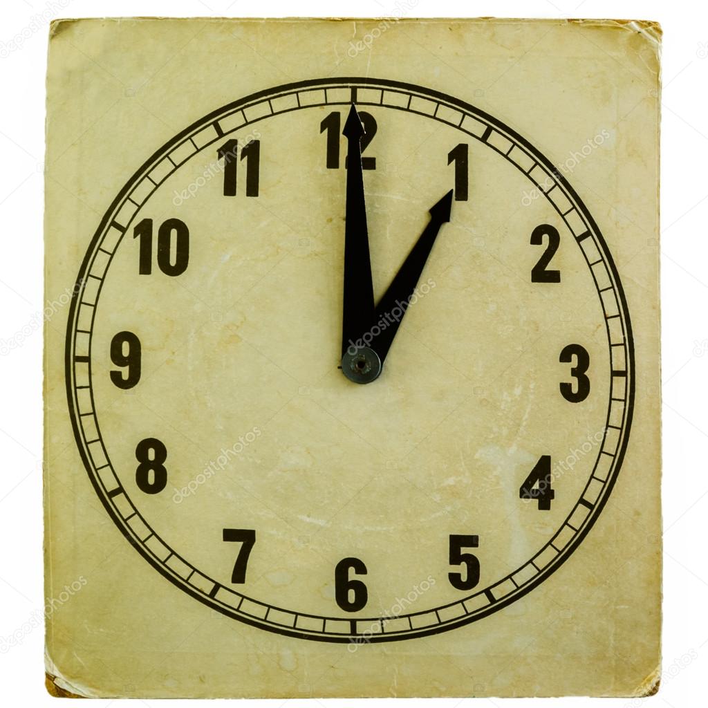 Old fashioned clock showing one oclock isolated on white