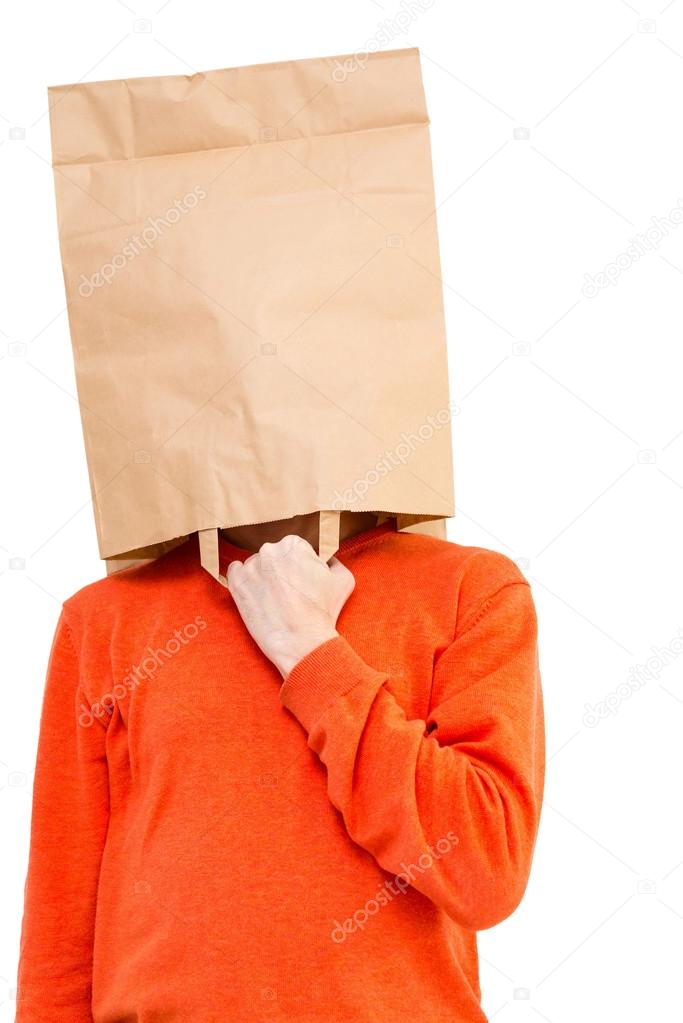 Man  in paper bag on head