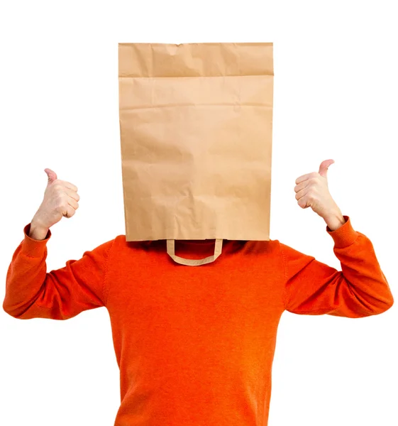 Man in bright clothes with a paper bag on head, isolated — Stock Photo, Image