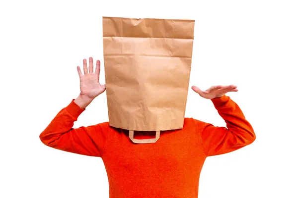 Man in paper bag on head. — Stock Photo, Image