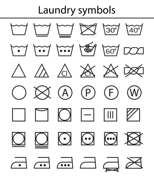 Iconos del esquema de lavandería. Instrucciones de cuidado de la ropa en las etiquetas. Conjunto de artículos de línea vectorial — Vector de stock