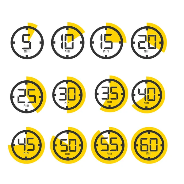 Iconos Cronómetro Mostrando Tiempo Minutos Segundos Conjunto Temporizadores Vectoriales Minimalistas — Archivo Imágenes Vectoriales