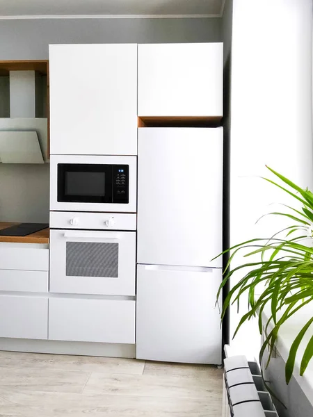 White kitchen Scandinavian interior with fridge, oven and microwave. — стокове фото