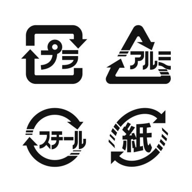 Japonların geri dönüşüm sembolleri vektör seti. Metal, kağıt, alüminyum ve plastik işaretleme simgeleri