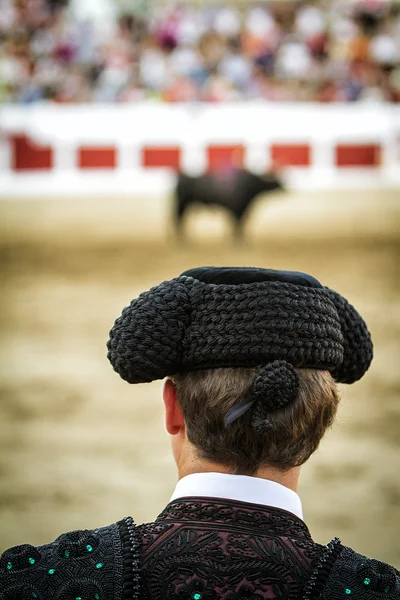 Matador w barierę podczas walki byków, Hiszpania — Zdjęcie stockowe