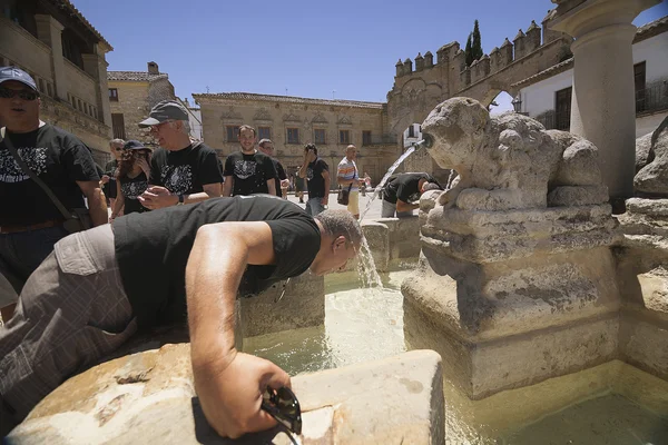 Middle-aged man cooling in the fountain gate of Jaen Baeza — Stock Photo, Image