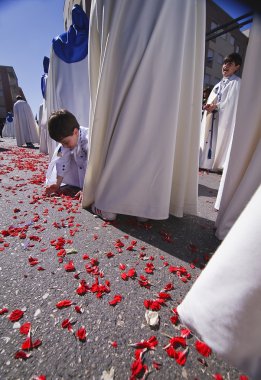 Child holding the ground rose petals during a Holy week procession clipart