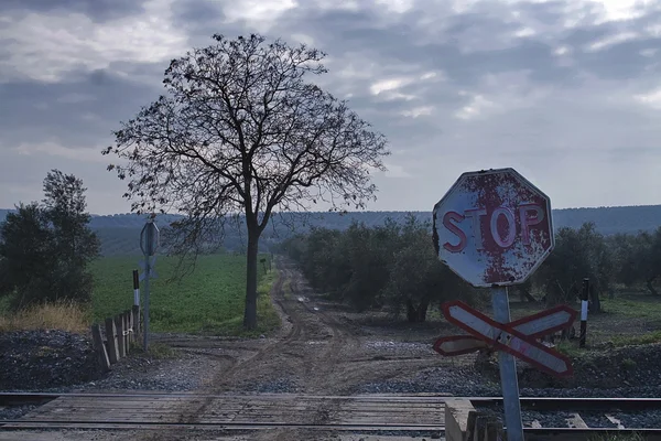 Old signs of level crossing without barriers — Stockfoto