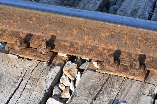 Detail of fastening with screws of an old railway track — Stock Photo, Image