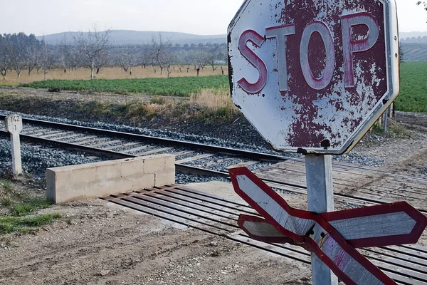 Old signs of level crossing without barriers — Stock Photo, Image