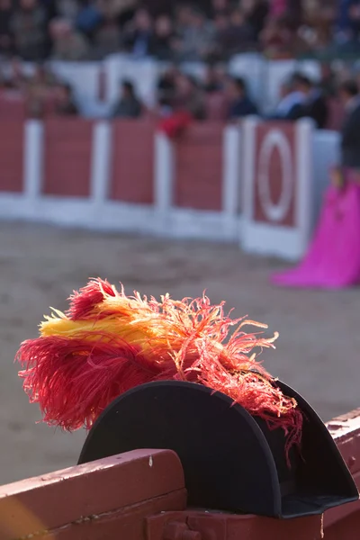 Sombrero con plumas rojas y amarillas — Foto de Stock