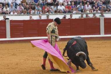 İspanyol Boğa güreşçisi julian lopez el juli boğa güreşi pozoblanco Arena içinde koltuk değneği ile