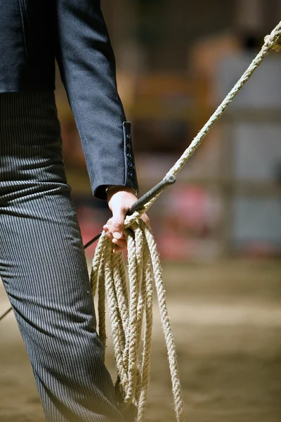 Segura corda e chicote cavaleiro formação — Fotografia de Stock