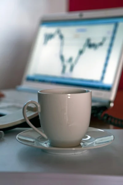 Cup of Coffee and Laptop on Armchair — Stock Photo, Image