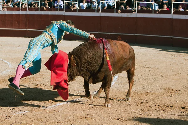 Toureiro espanhol David Valiente esfaquear um touro — Fotografia de Stock