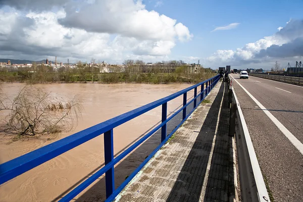 Řeka Guadalquivir přesáhla jeho cestu přes most silnice — Stock fotografie