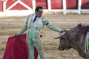İspanyol Boğa güreşçisi manuel İsa el cid giyinmiş bir takım elbise rengi fıstık fındık ve altın