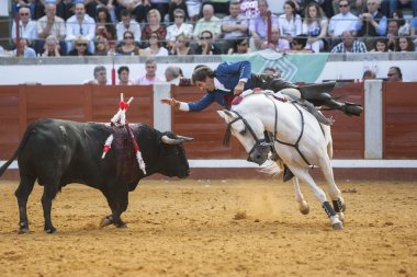 İspanyol Boğa güreşçisi sırtında pablo hermoso sırtında de mendoza boğa güreşi