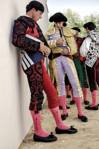 Bullfighters at the paseillo or initial parade Bullfight at Baeza bullring, Baeza — Stock Photo, Image