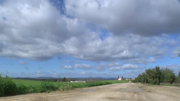 Rapid movement of the clouds because of the strong wind near a cultivation of olive trees, Jaén Andalucia, Spain — Wideo stockowe