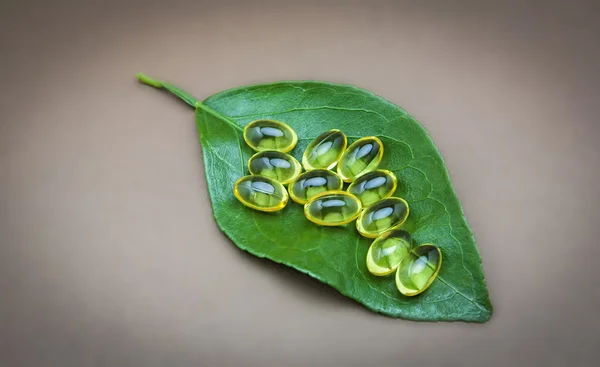 Konzeptbild der Naturmedizin mit natürlichen Pillen und einem Blatt — Stockfoto