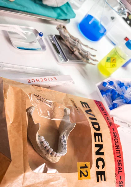 法医学研究所殺人事件調査の人間の下顎の証拠袋概念イメージ — ストック写真