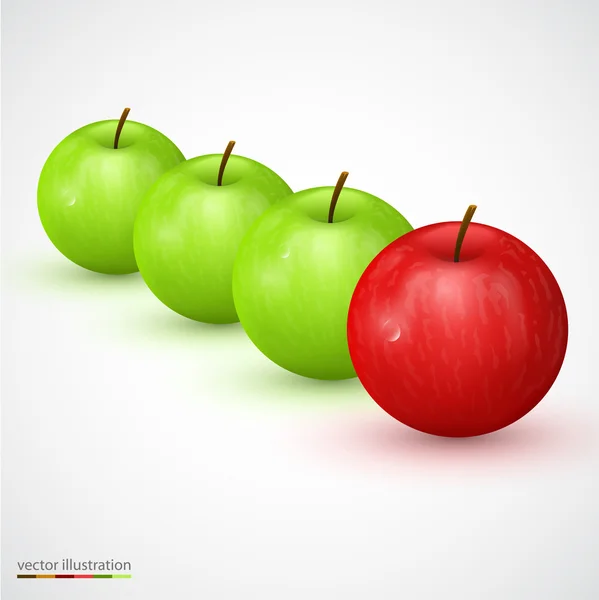 Row of green apple with red main one — Stock Vector